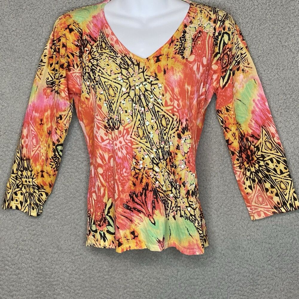 ALBERTO MAKALI Artsy Beaded Sequin Abstract Art to Wear V-Neck  Sweater Top Sz L